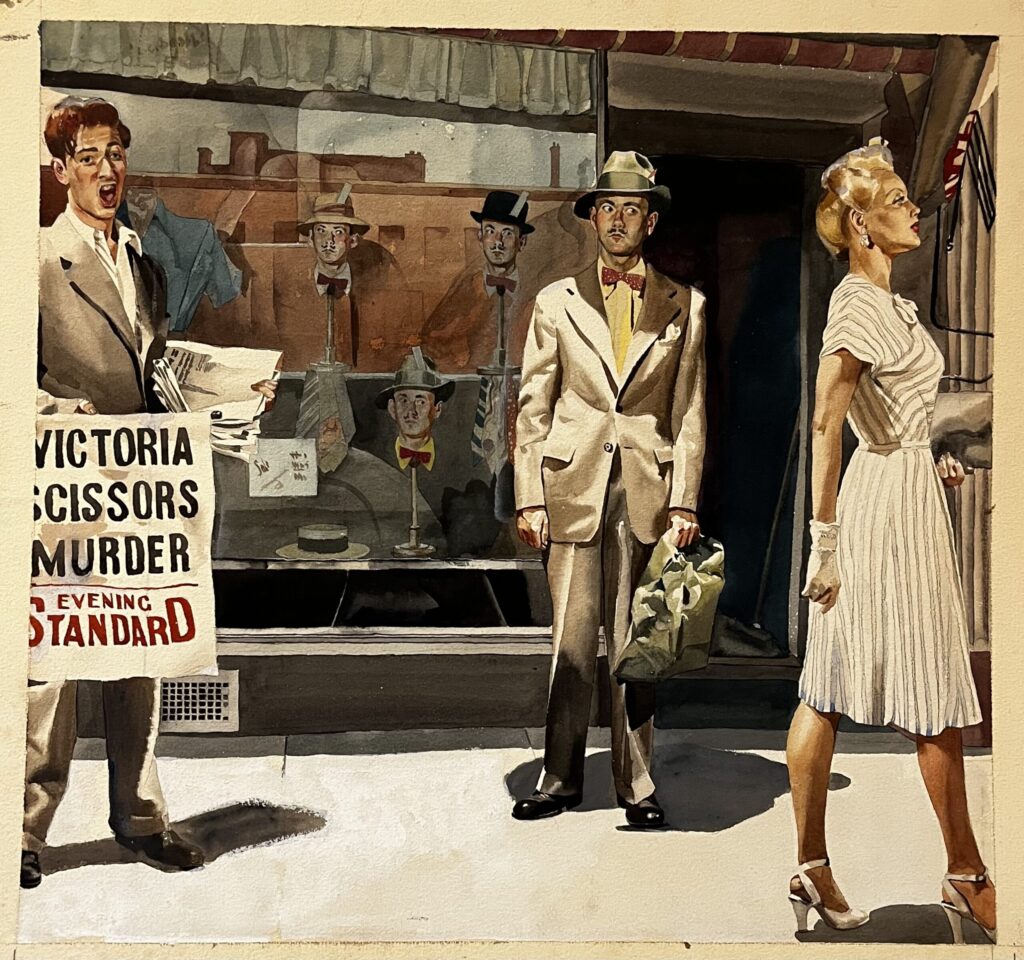 Vintage street scene with newspaper vendor.