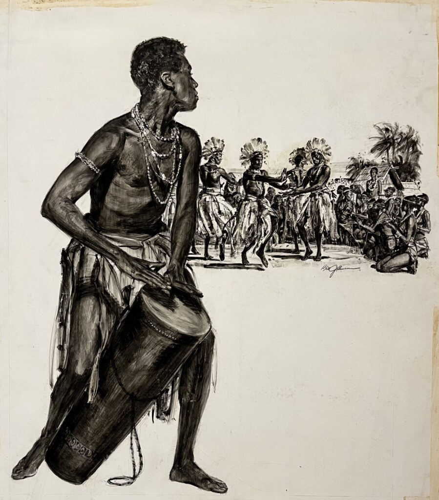 Man playing drum, dancers in background.
