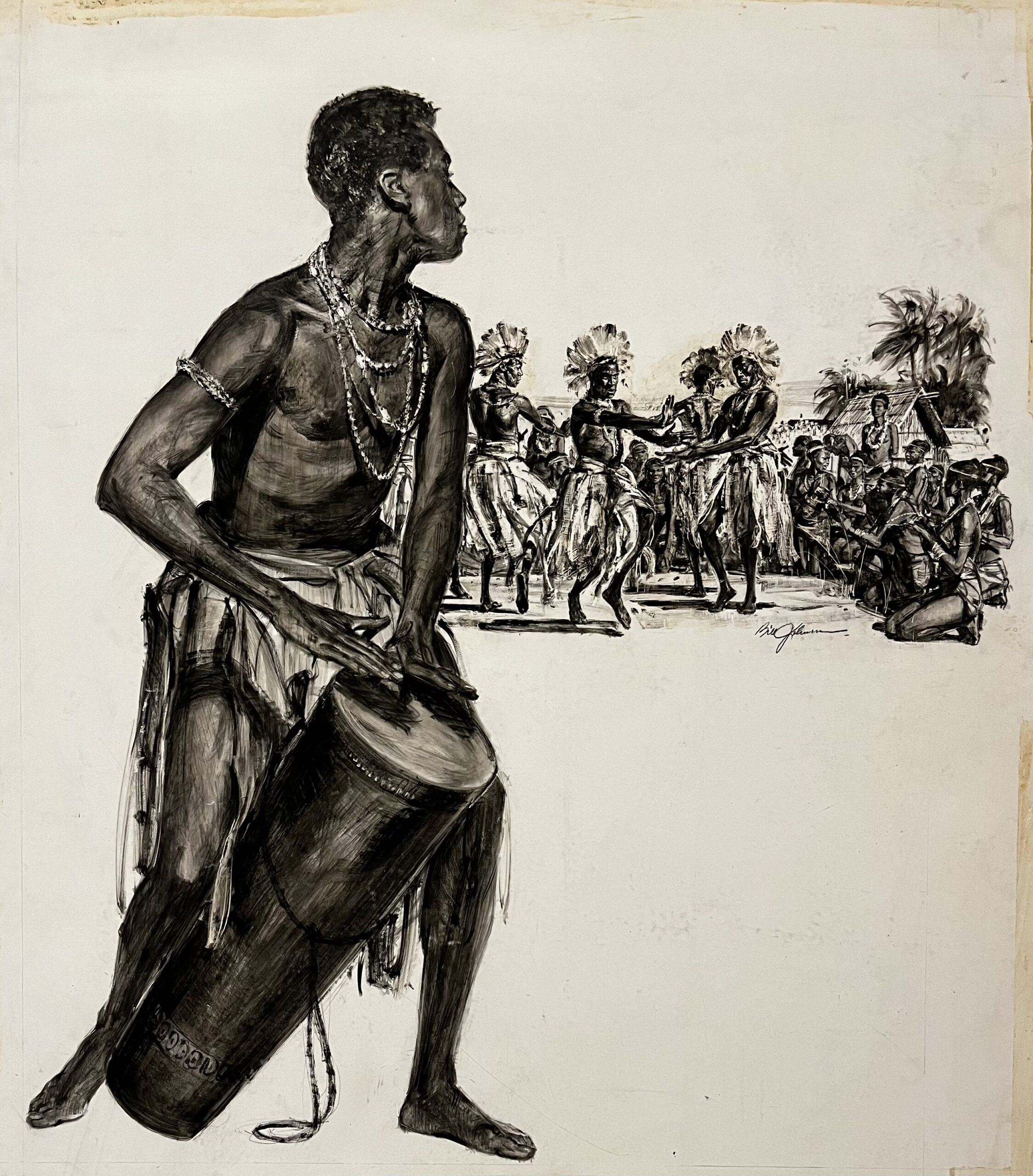 A man playing a drum with a group dancing in the background.