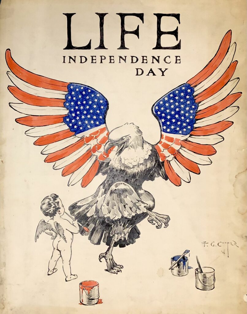 Bald eagle with American flag wings illustration.