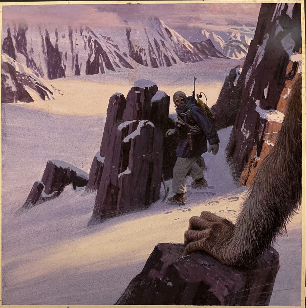Explorer in snowy mountains with mysterious creature.