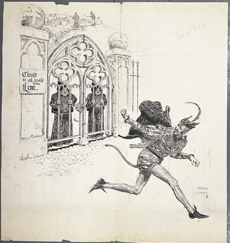 Devil chased by monks at gate.