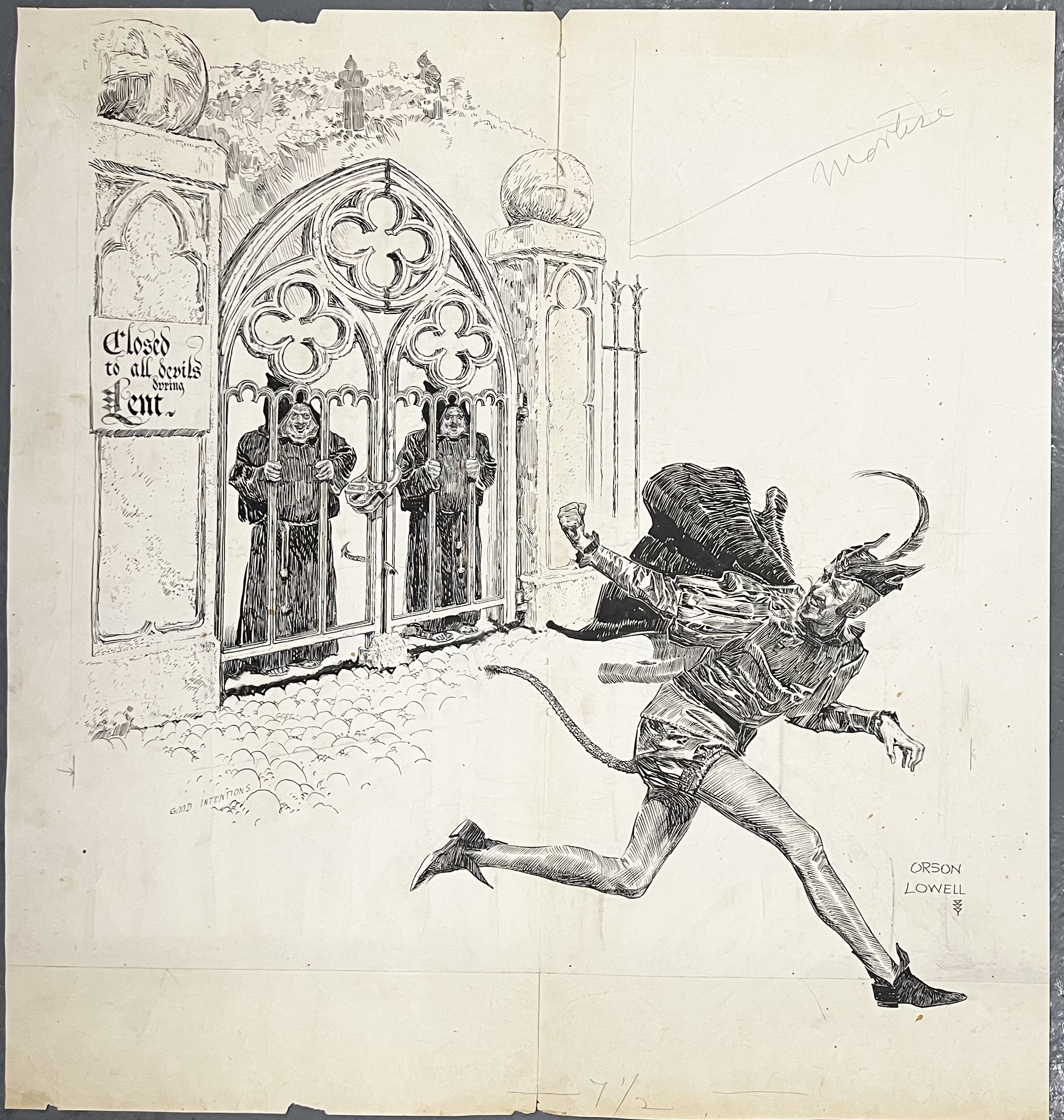 Devil chased by monks at gate.