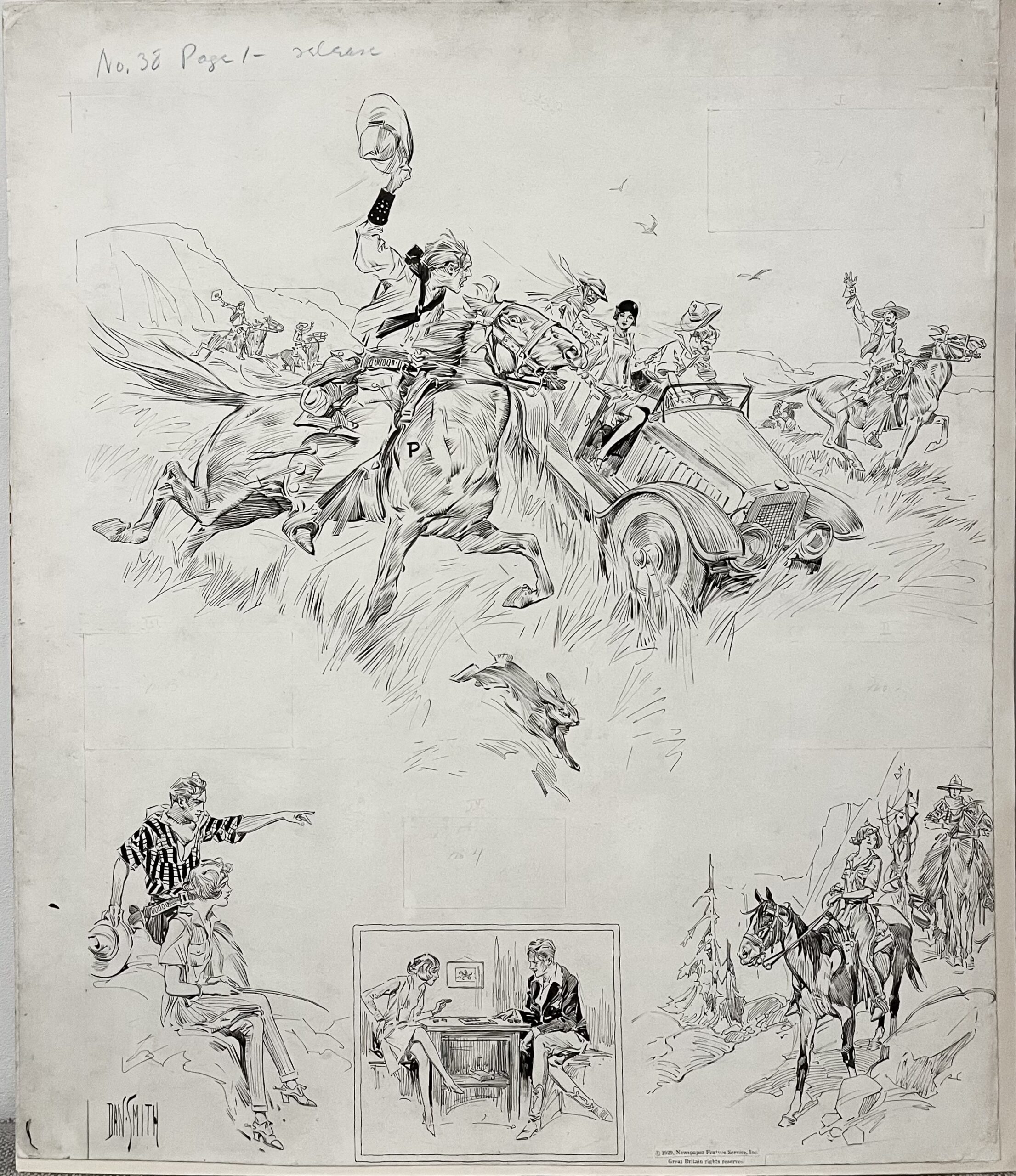 Black and white sketched battle scene with soldiers and horses.