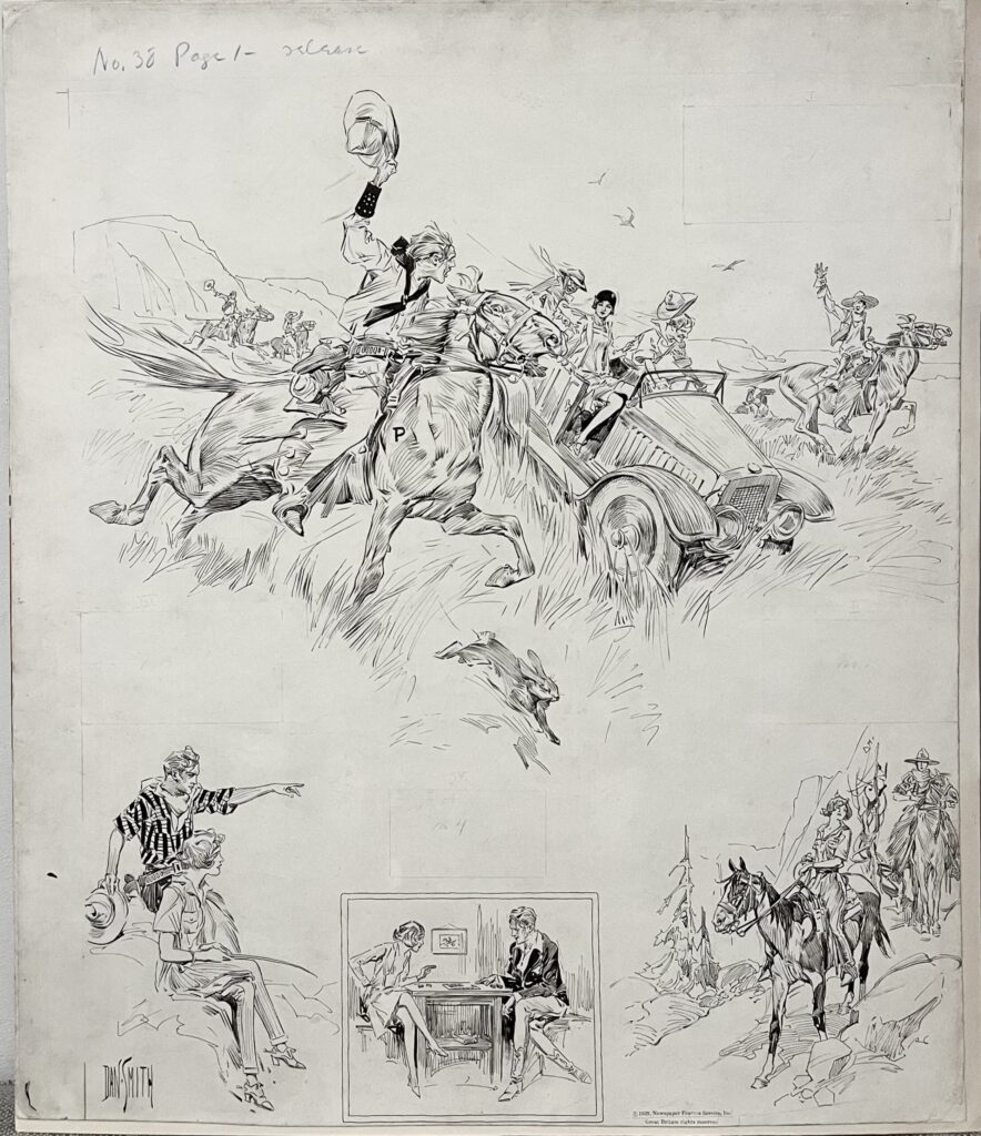 Cowboys chasing car in a dynamic scene.
