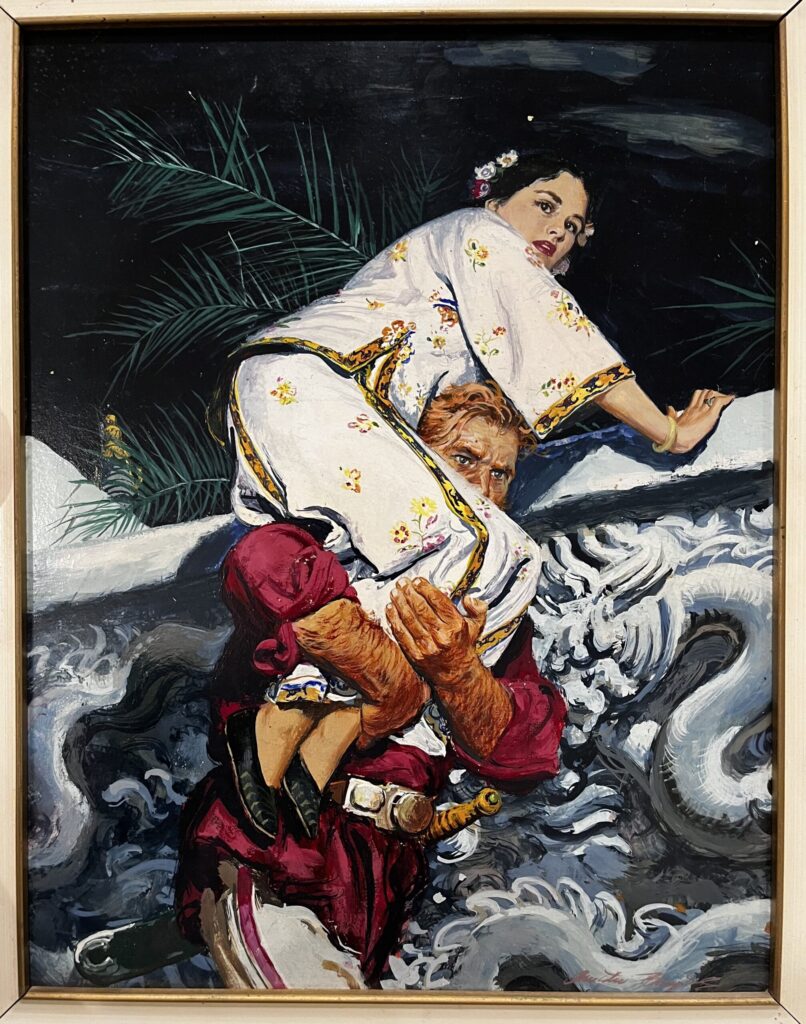 Man carrying woman through turbulent waves painting.
