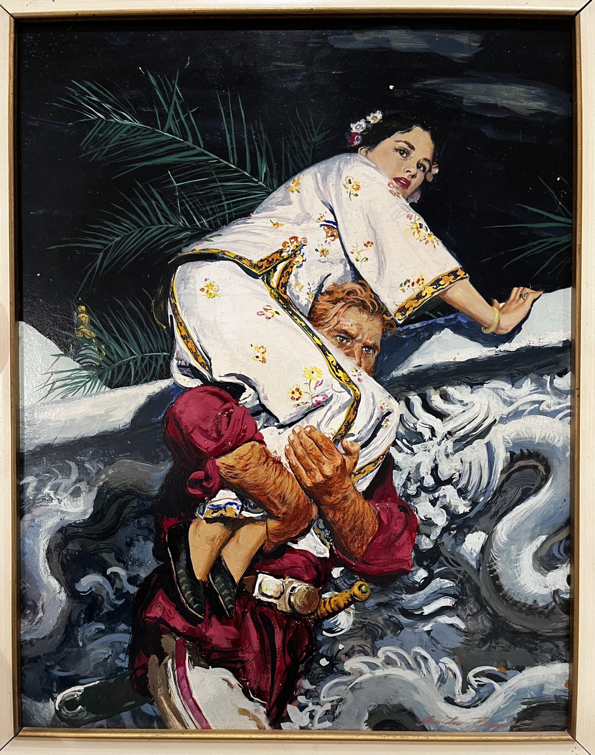 Man carrying woman through turbulent waves painting.