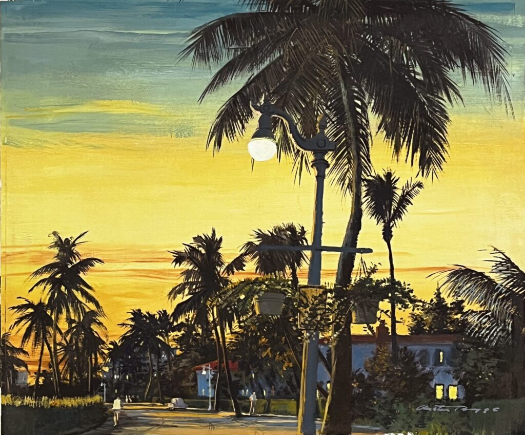 Tropical sunset with palm trees and streetlights.