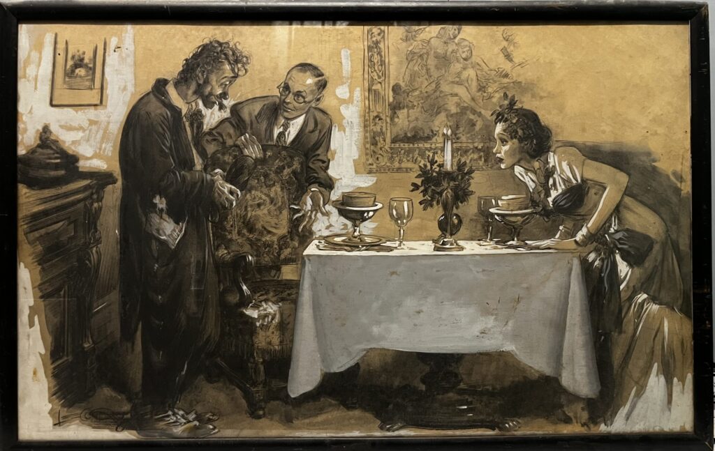 Three people at a dining table scene.
