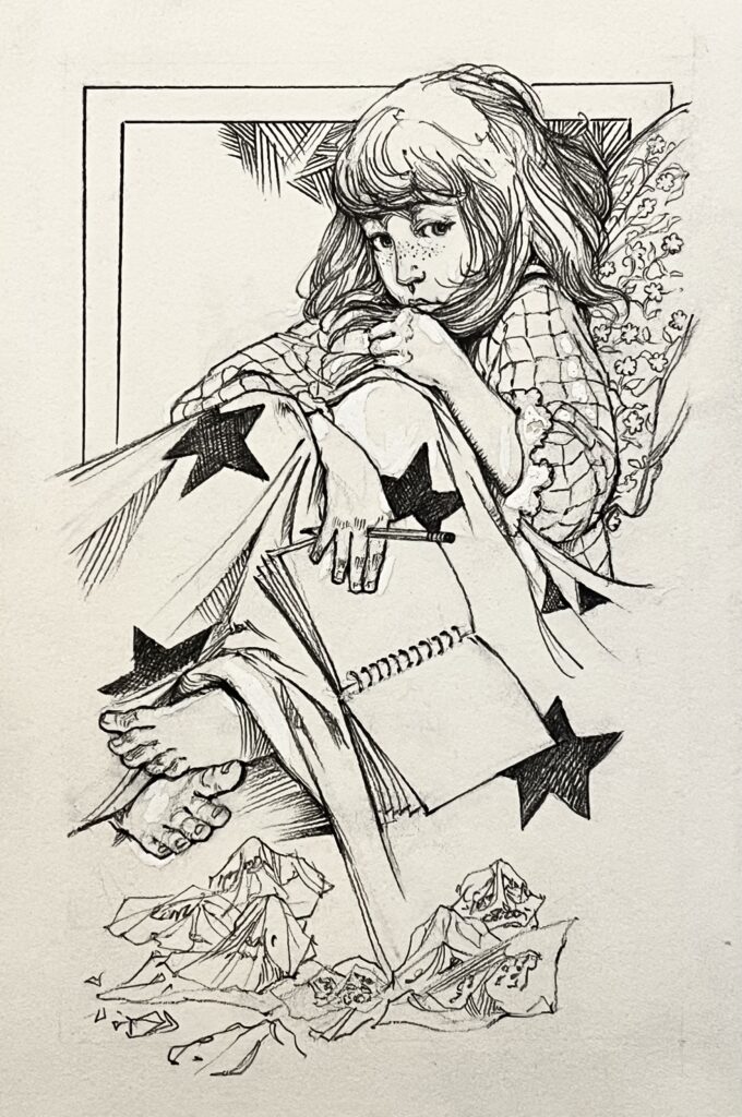 Intricate black-and-white drawing of a contemplative girl surrounded by stars and floral elements.