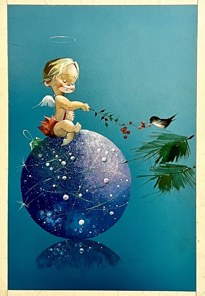 Child sitting on a glowing globe offering berries to a bird on a branch.