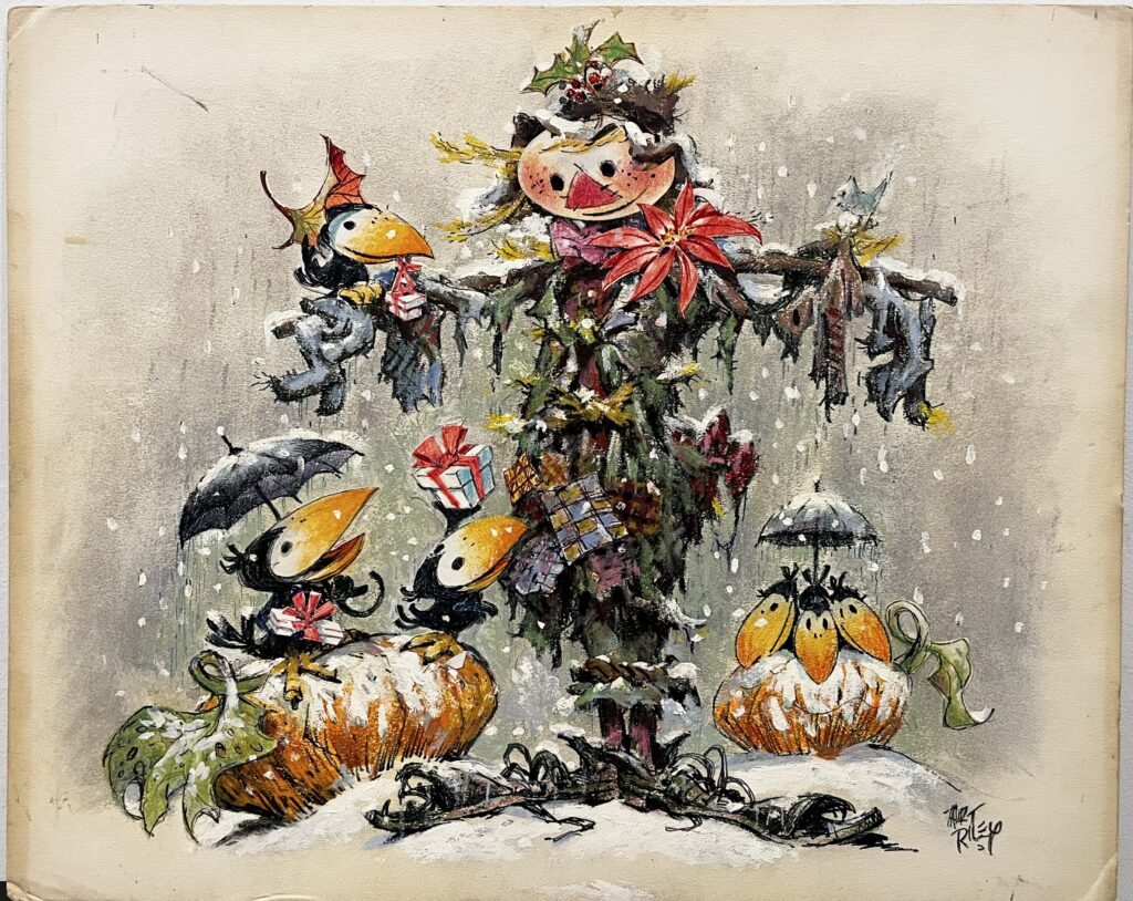 Whimsical scarecrow surrounded by playful birds and pumpkins in an autumn setting.