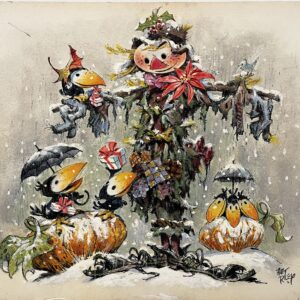 Whimsical scarecrow surrounded by playful birds and pumpkins in an autumn setting.