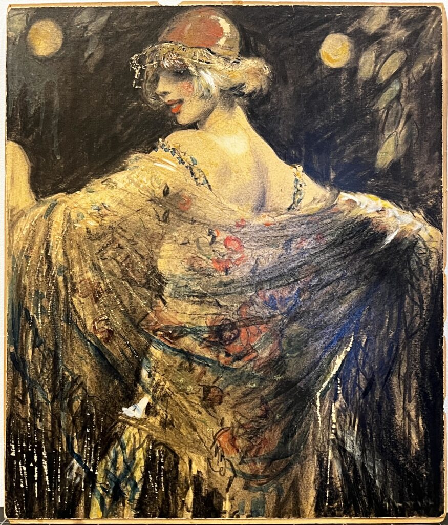 Elegant woman in a floral shawl with a feathered headpiece.