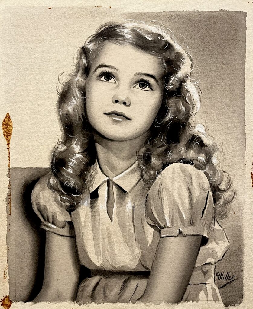 Vintage portrait of a young girl with curly hair and a thoughtful expression.