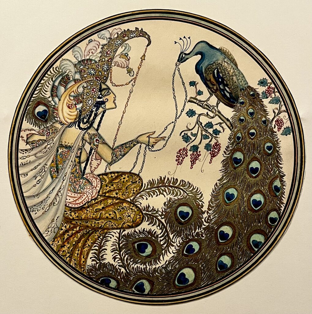 Intricate artwork of a woman playing a stringed instrument beside a peacock.