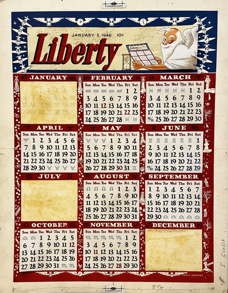1946 Liberty magazine calendar with months displayed.