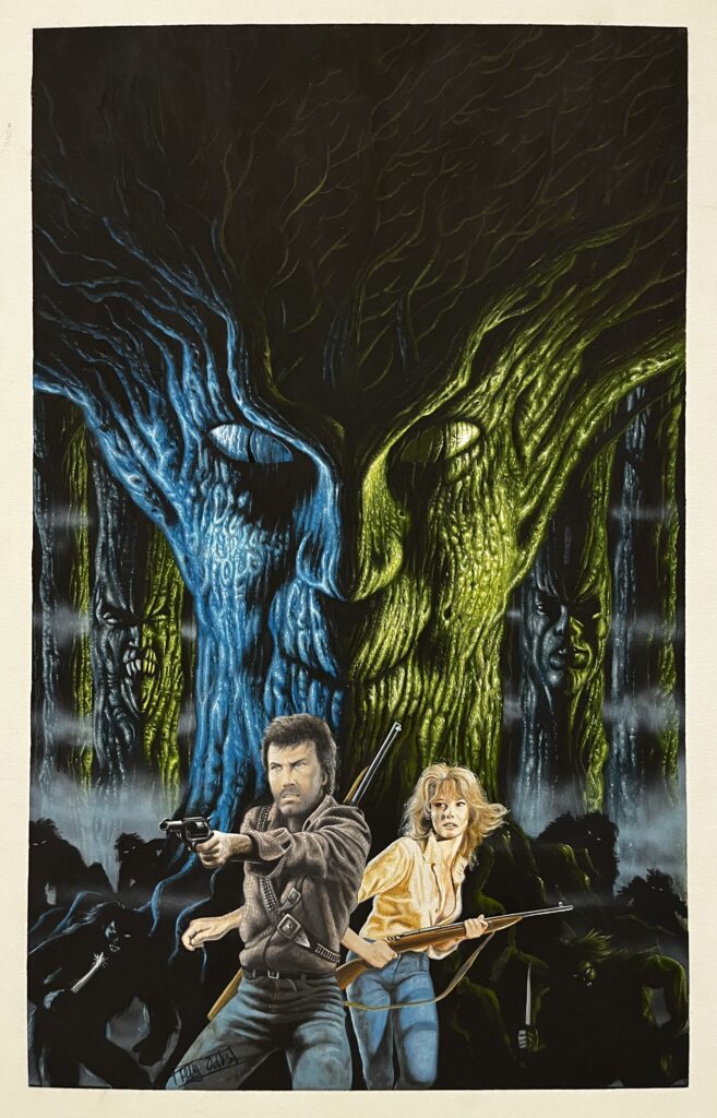 A dramatic artwork featuring two large, stylized trees and two intense characters in the foreground.