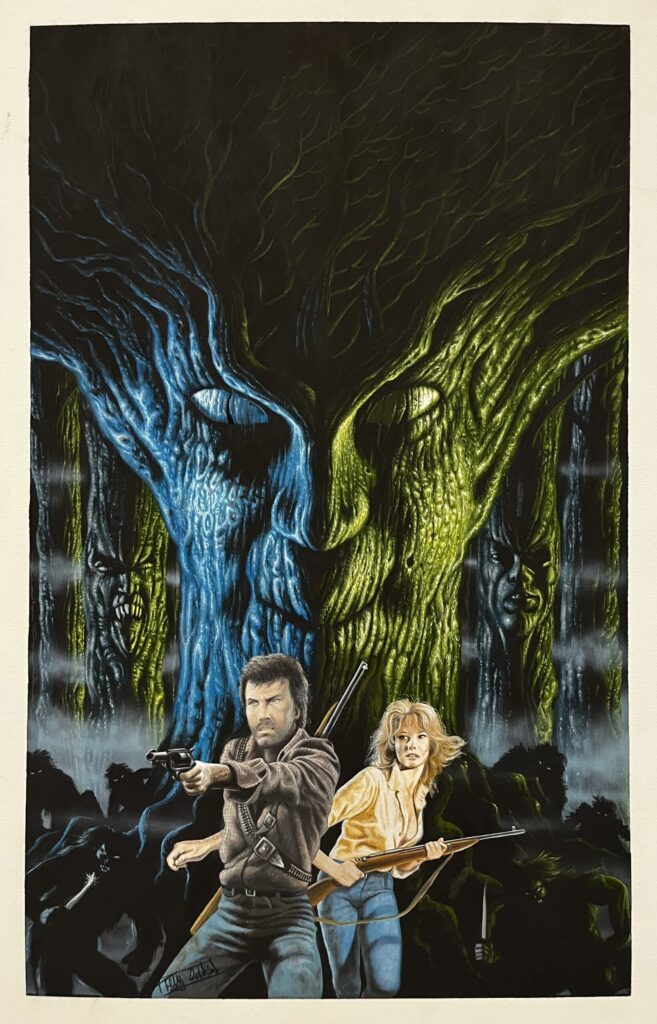 Fantasy scene with armed figures and trees.