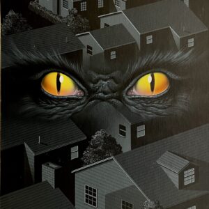 Giant eyes overlooking dark neighborhood houses.