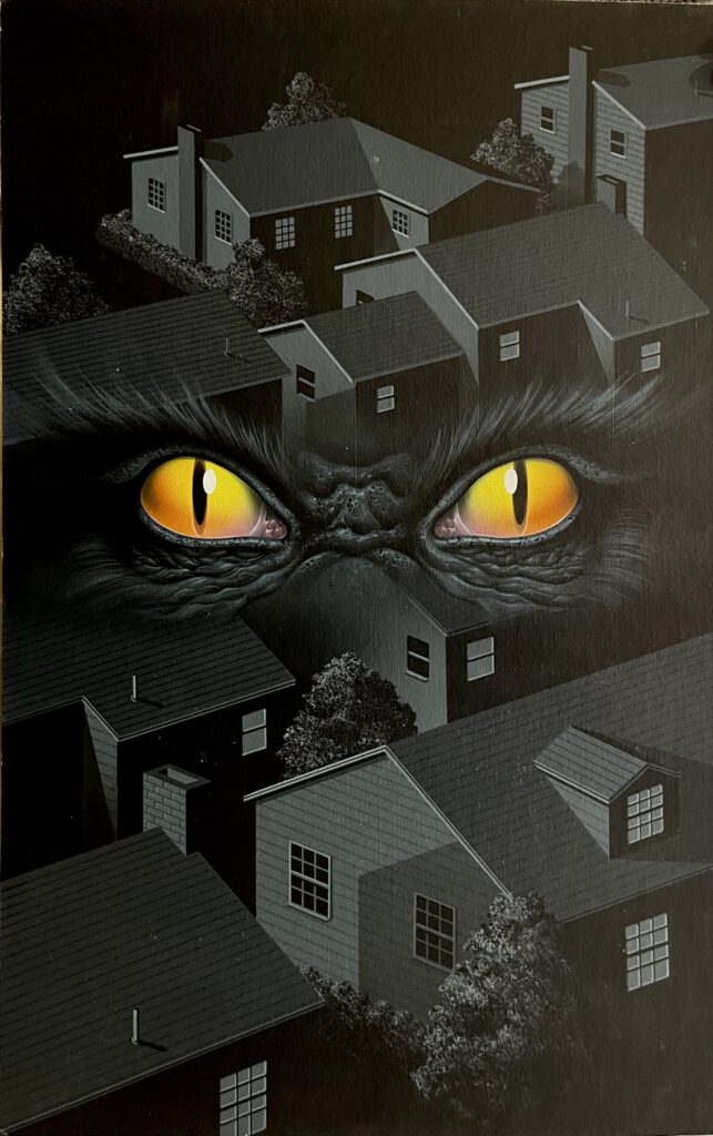 Giant eyes overlooking dark neighborhood houses.