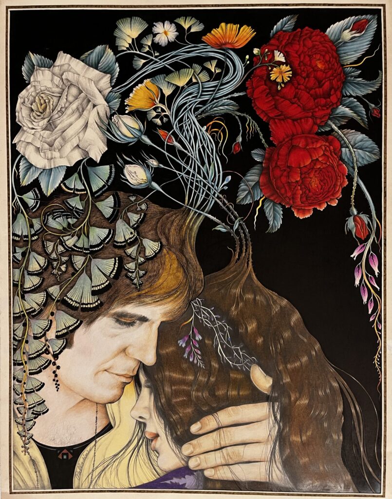 Romantic couple surrounded by flowers and butterflies.