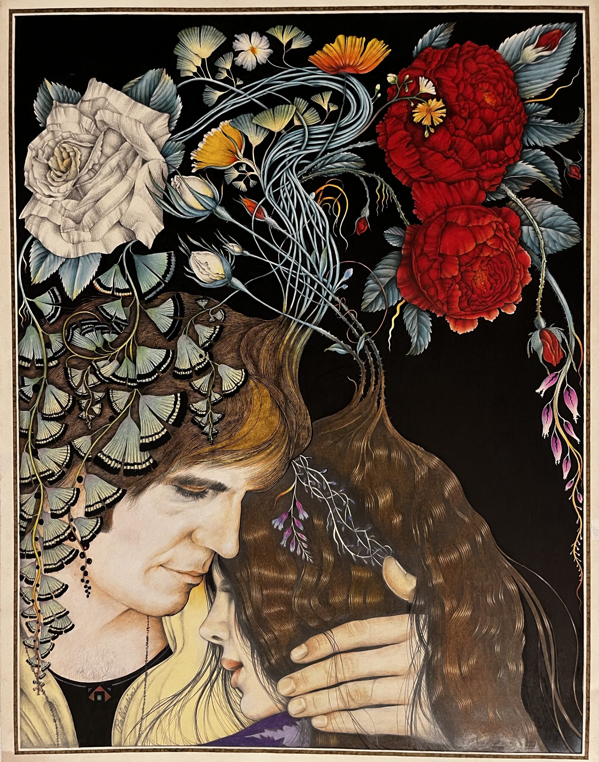 Romantic couple surrounded by flowers and butterflies.