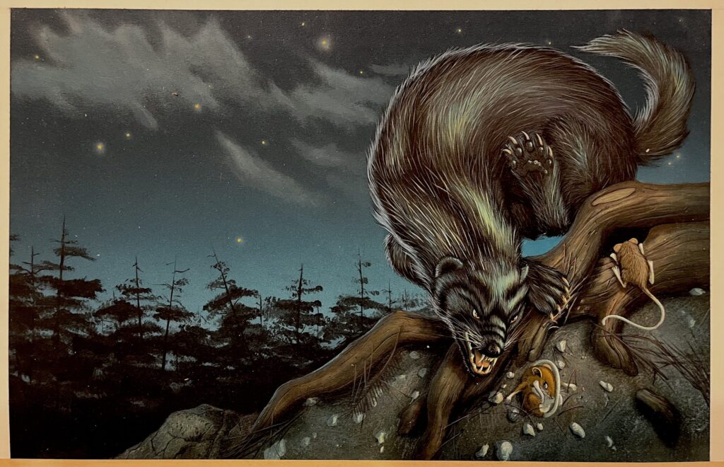Ferocious creature on tree branch at night.