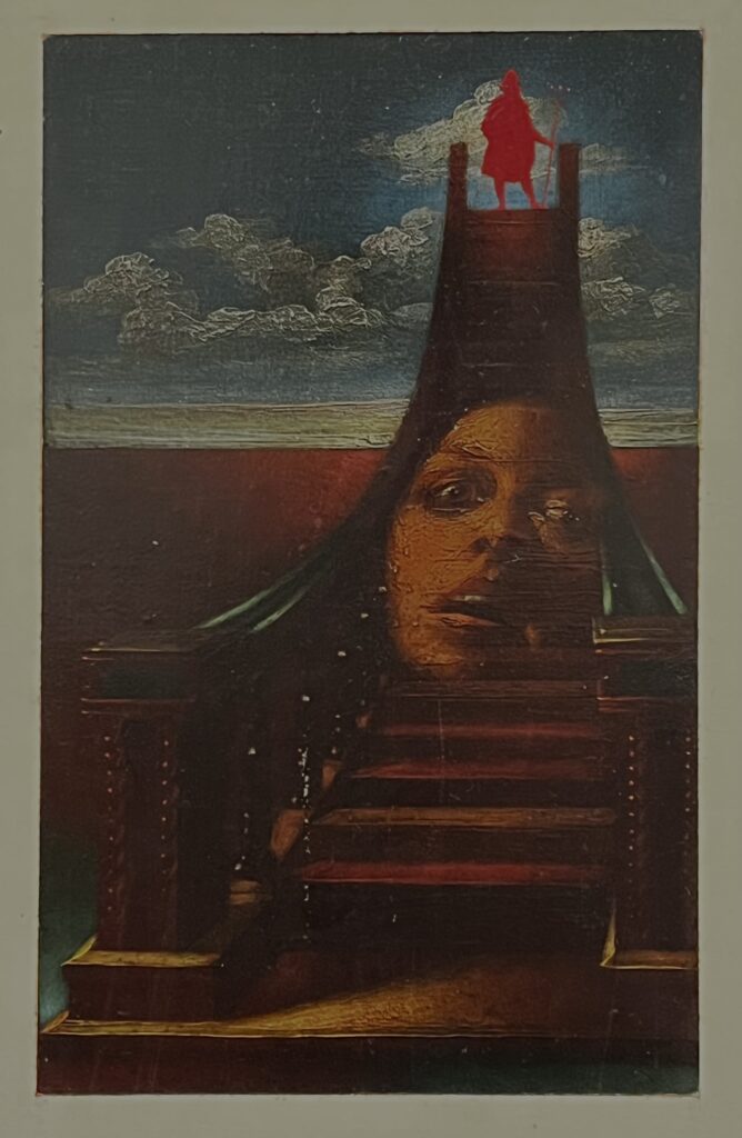 Surreal painting of a face blending with architectural elements under a cloudy sky.