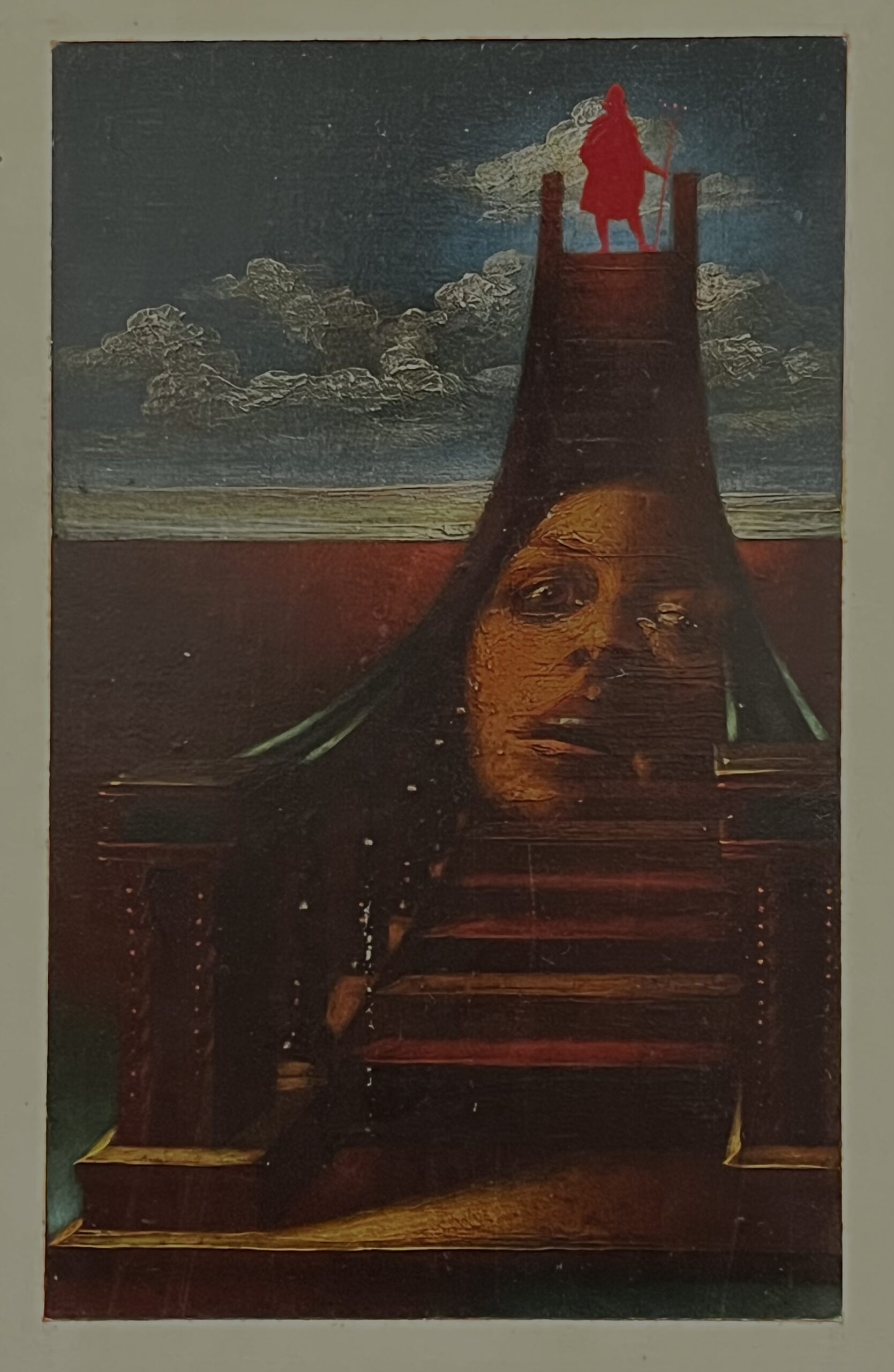 Surreal painting of face and staircase scene.