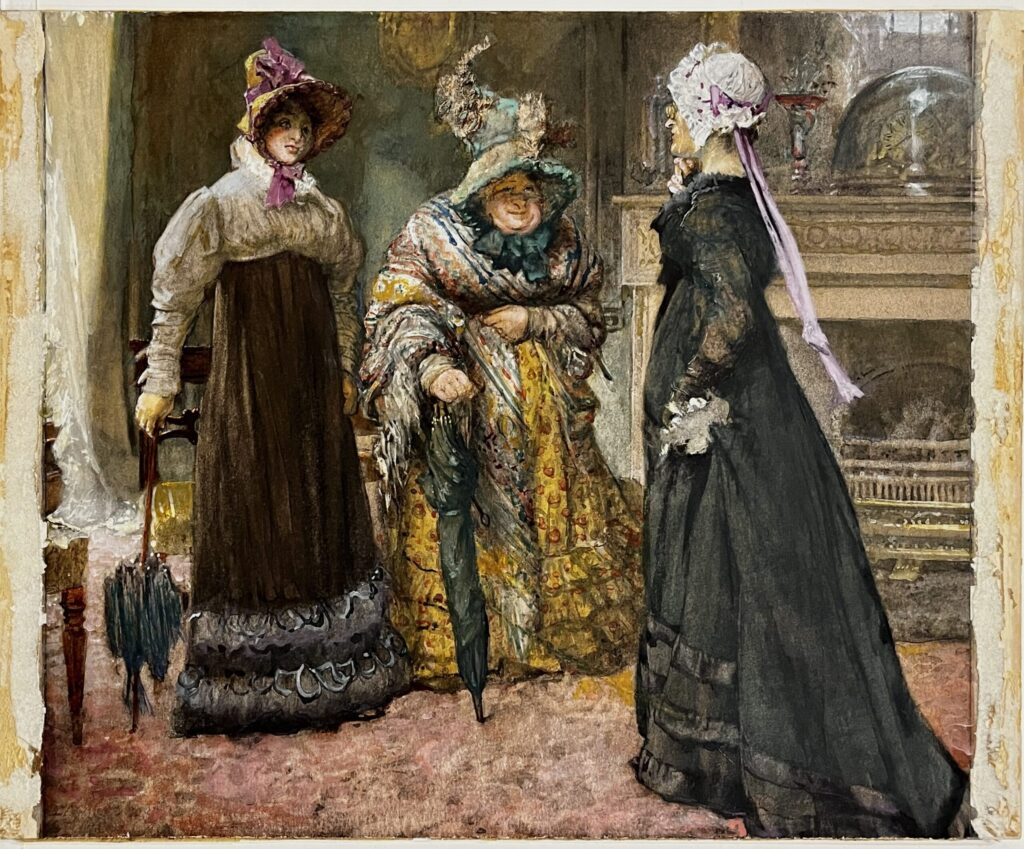 Three women in Victorian-era attire conversing.