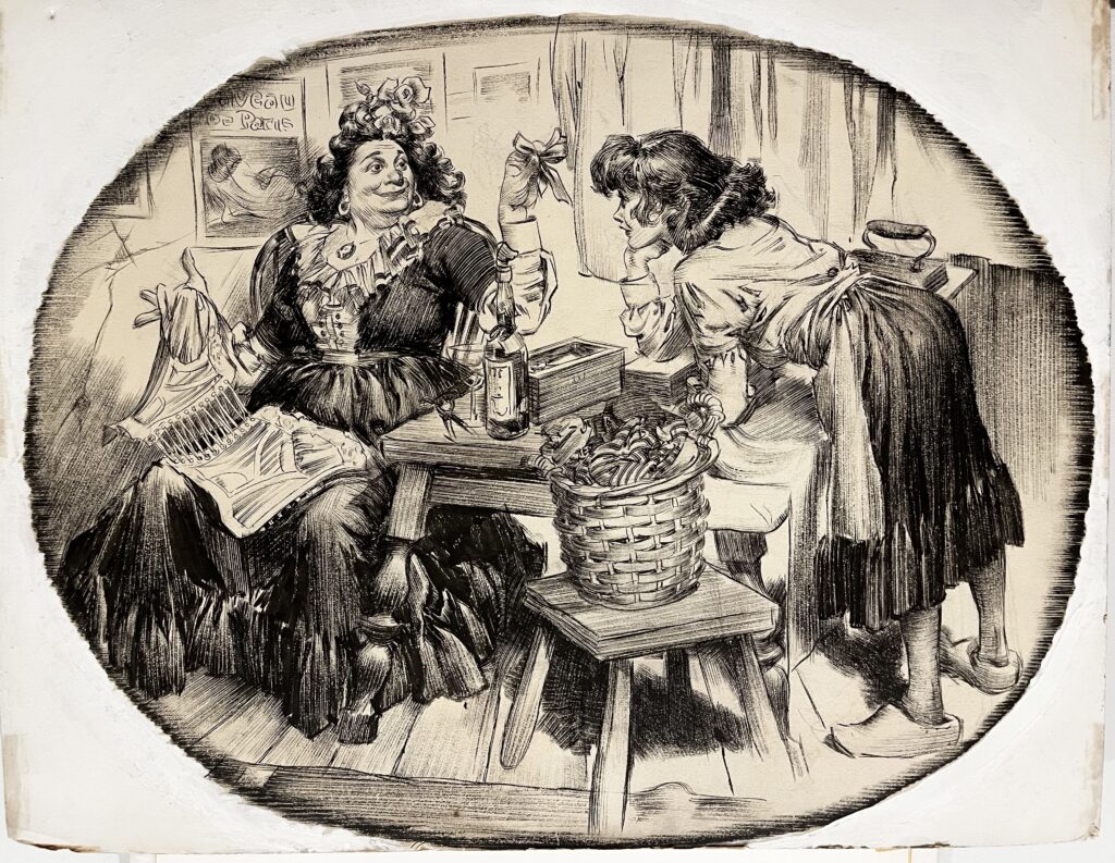 A vintage illustration of people engaged in sewing or mending clothes indoors.