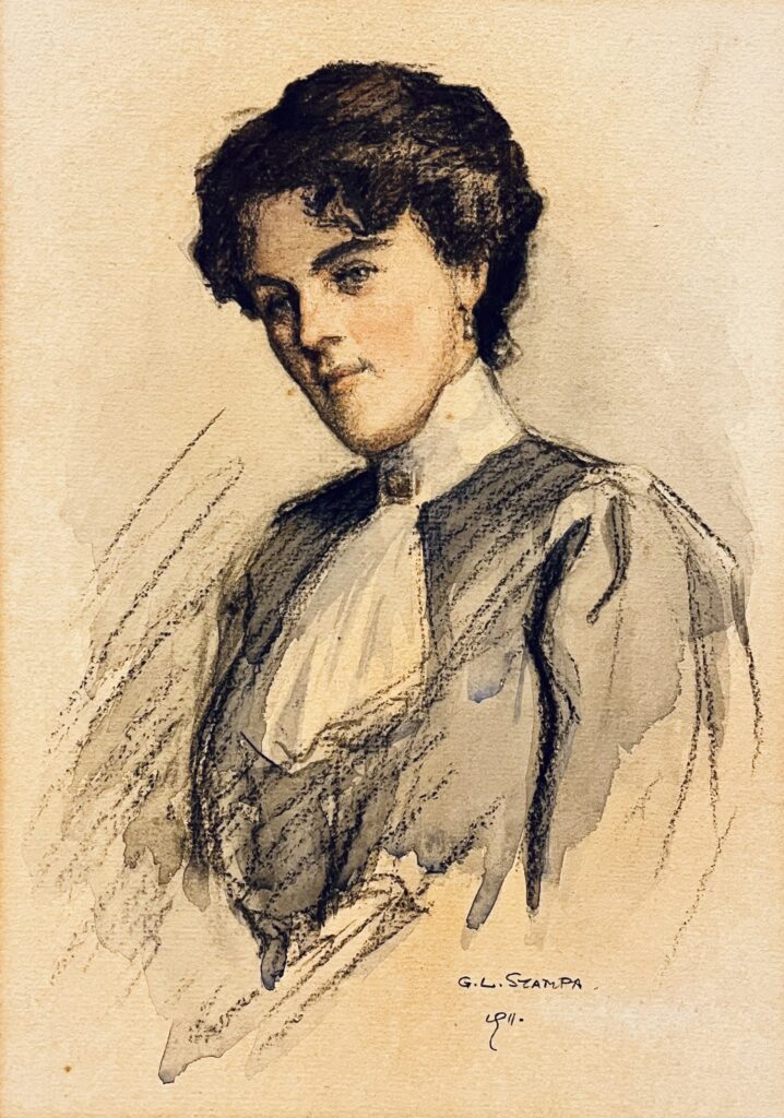 Sketch of a woman in vintage attire with a contemplative expression.