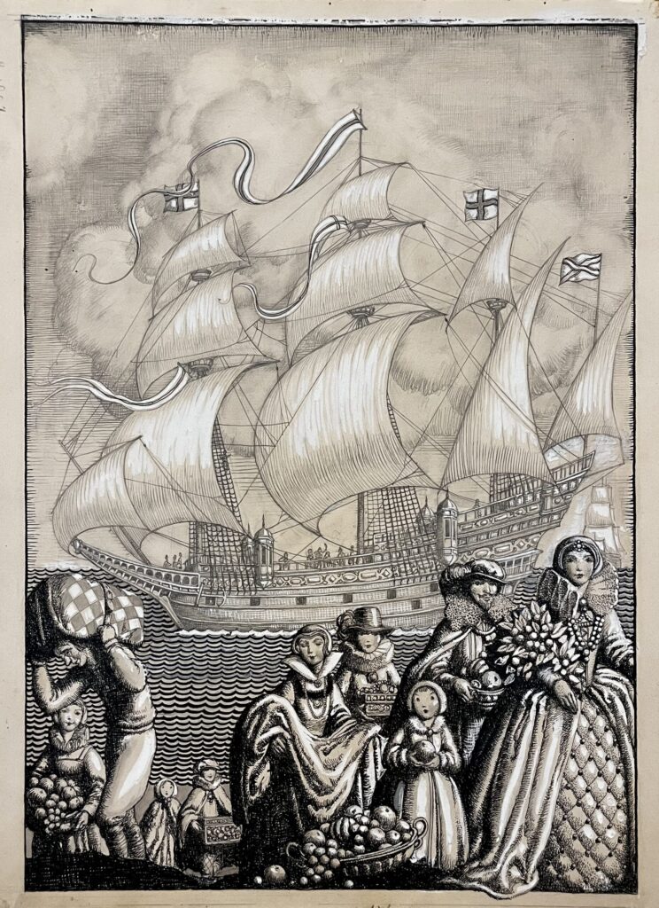 Historic ship and people in traditional attire.