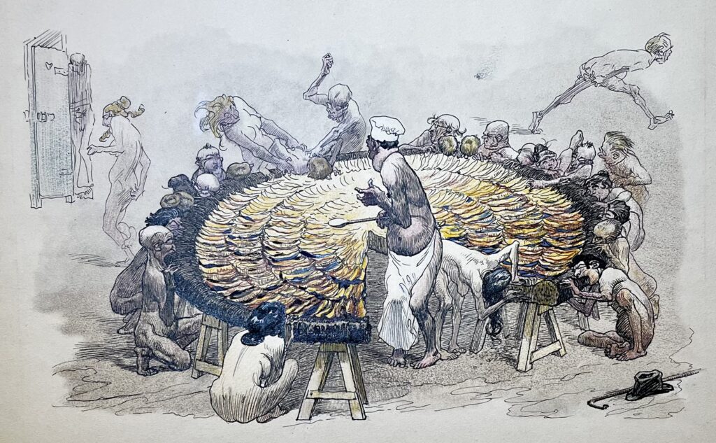 People gathered around a large table of food.