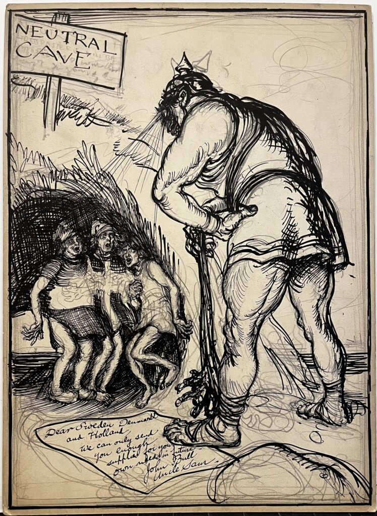 Giant with sword confronting people in cave.