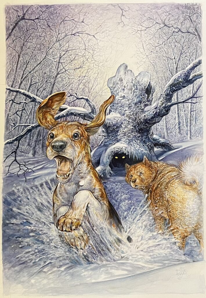 Two moose and a bear in a snowy forest during winter.