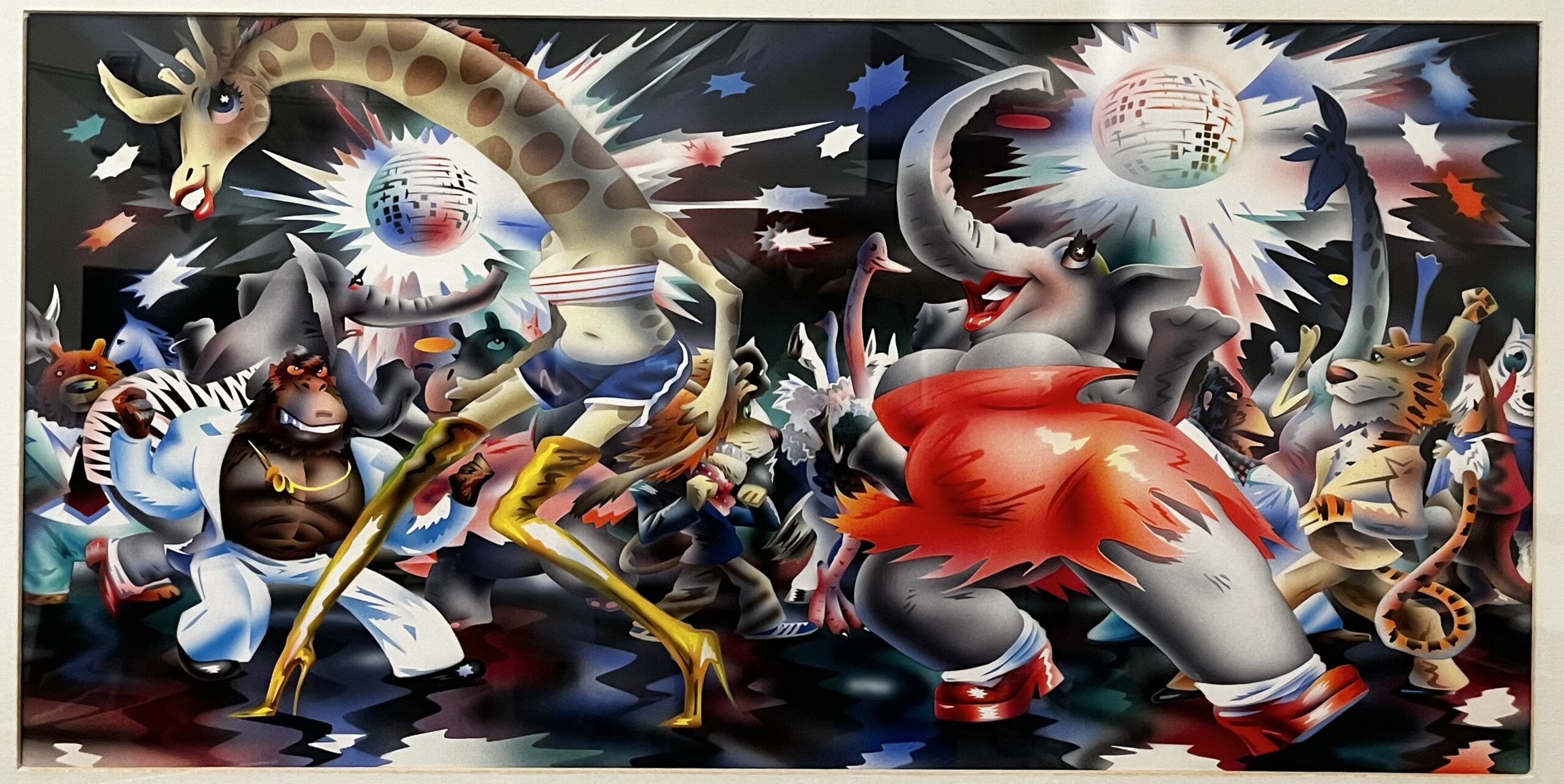 Animals dancing at a lively disco party.
