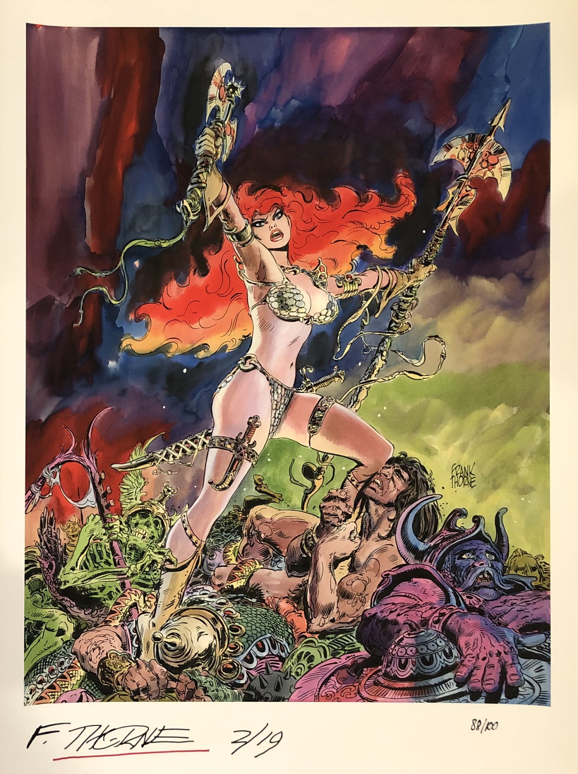 A fierce warrior woman with fiery red hair fights monstrous beasts in a dark fantasy scene.