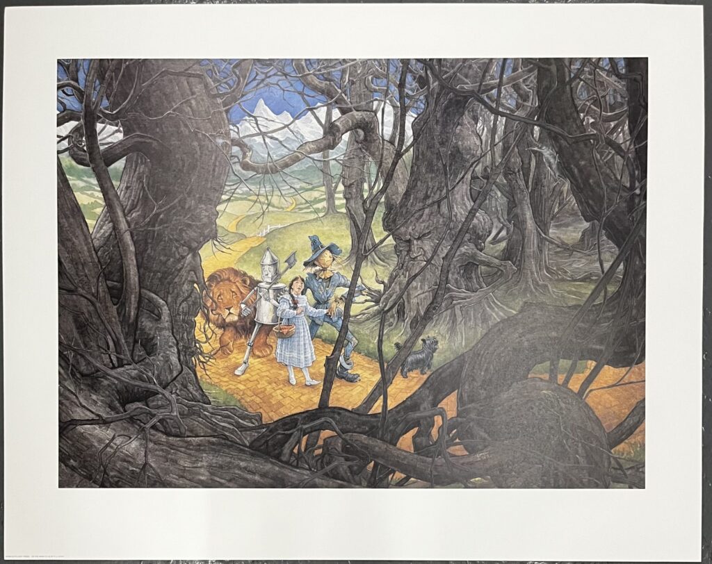 Characters walking on a yellow brick road.