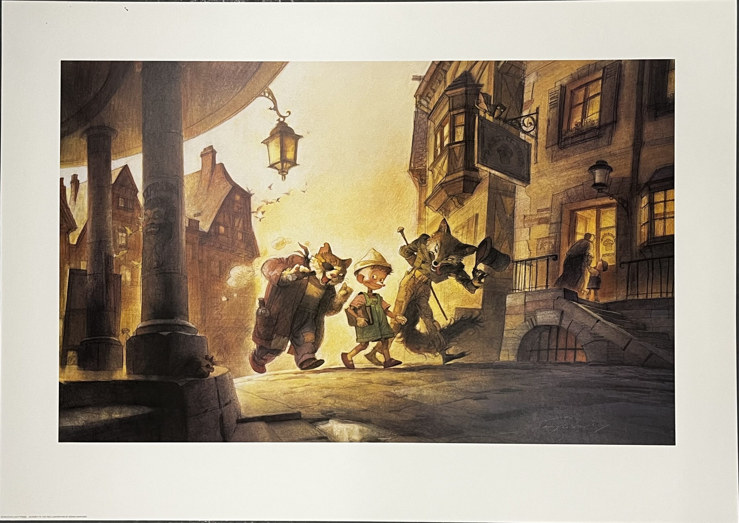 A group of men in old-fashioned clothing light a street lamp at dusk.