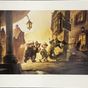 A group of men carrying a coffin through a dimly lit street at night.