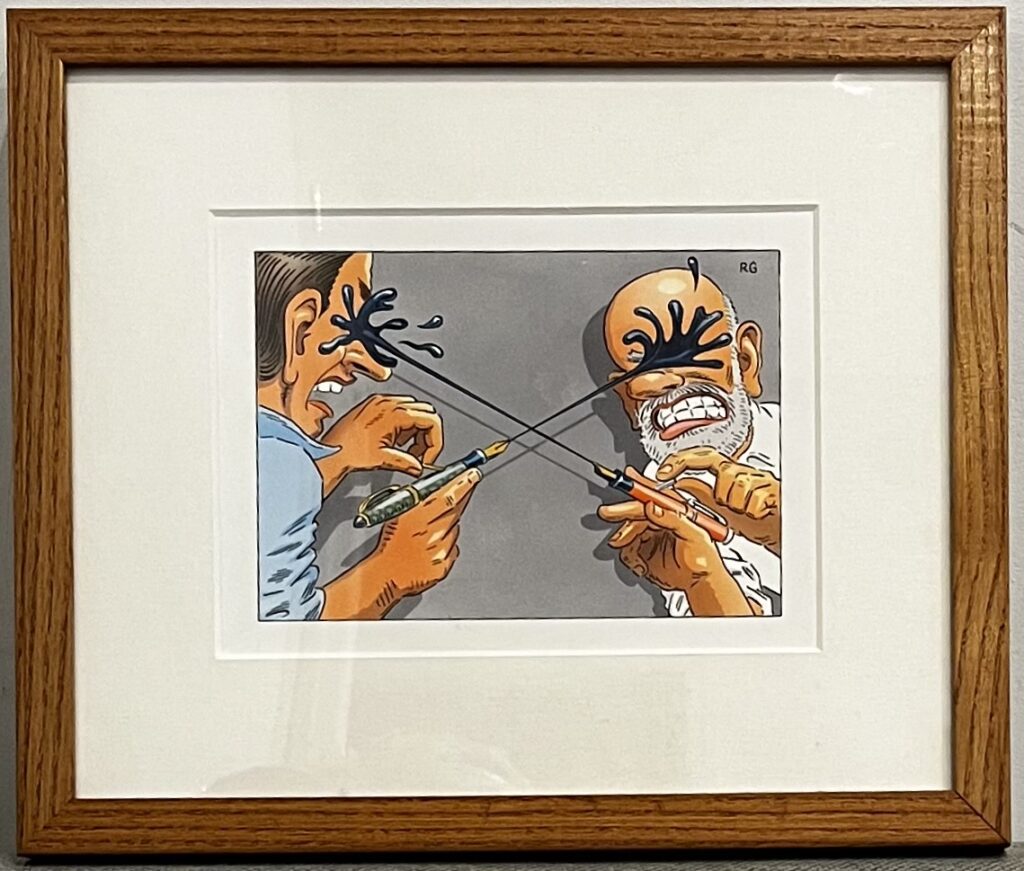 Framed artwork of two animated characters playfully fencing with swords.