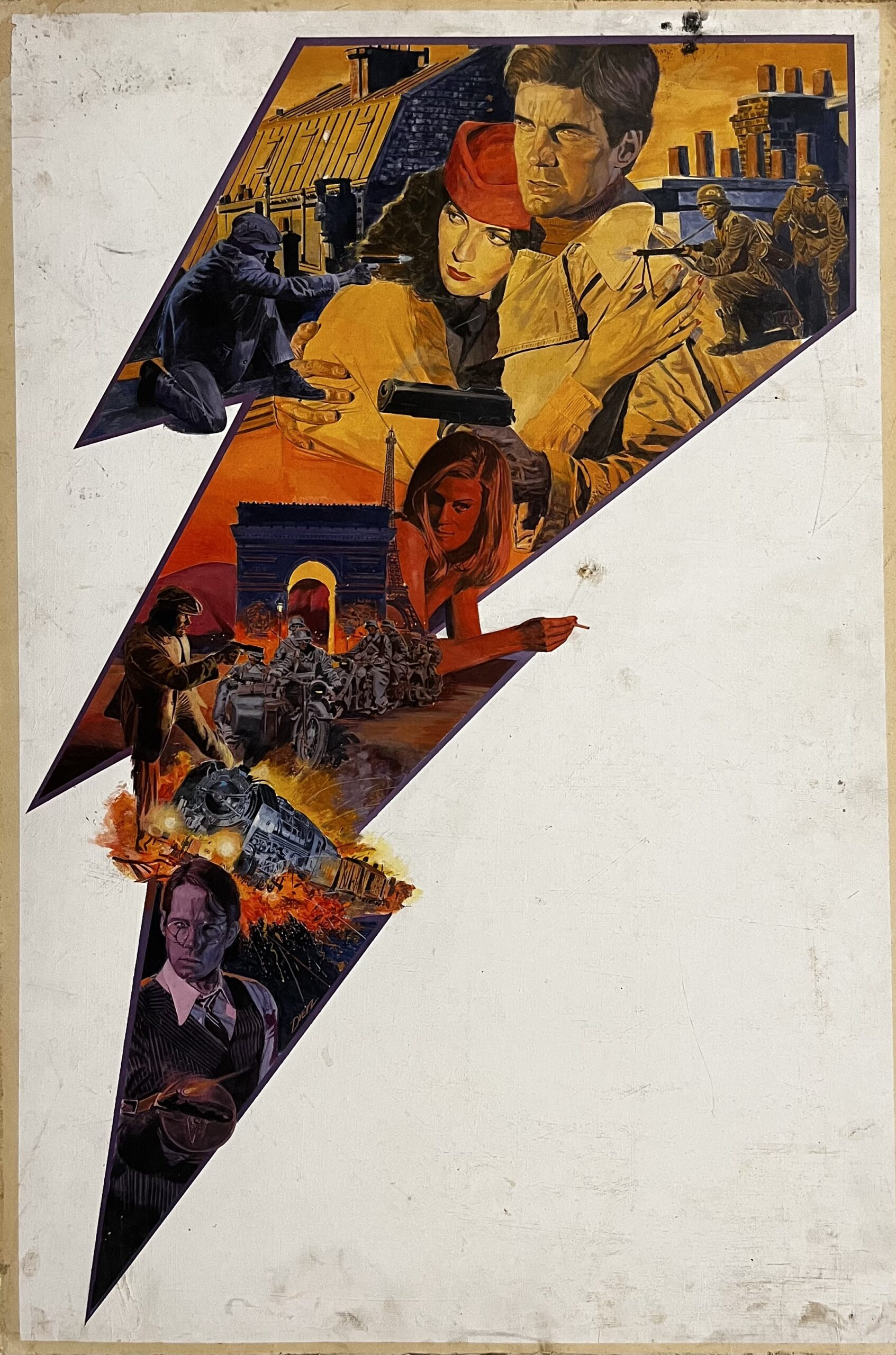 Stylized action movie poster with dramatic scenes.