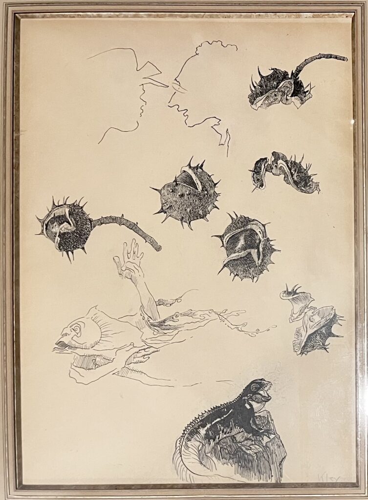 Surreal drawing with abstract creatures and figures.