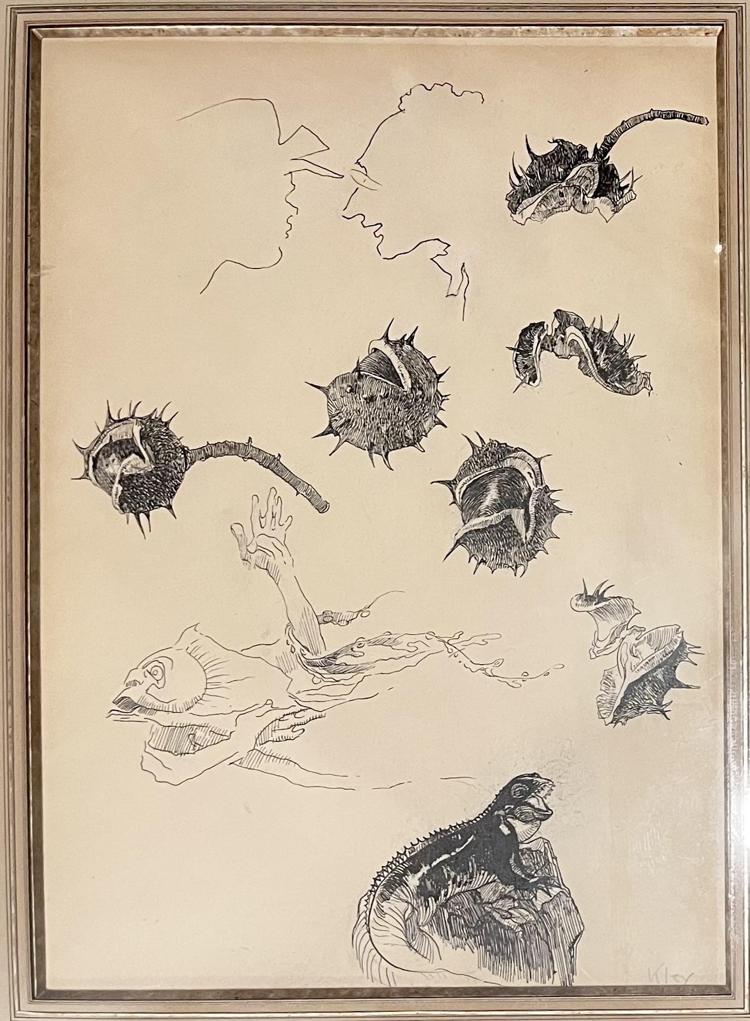 Surreal drawing with abstract creatures and figures.