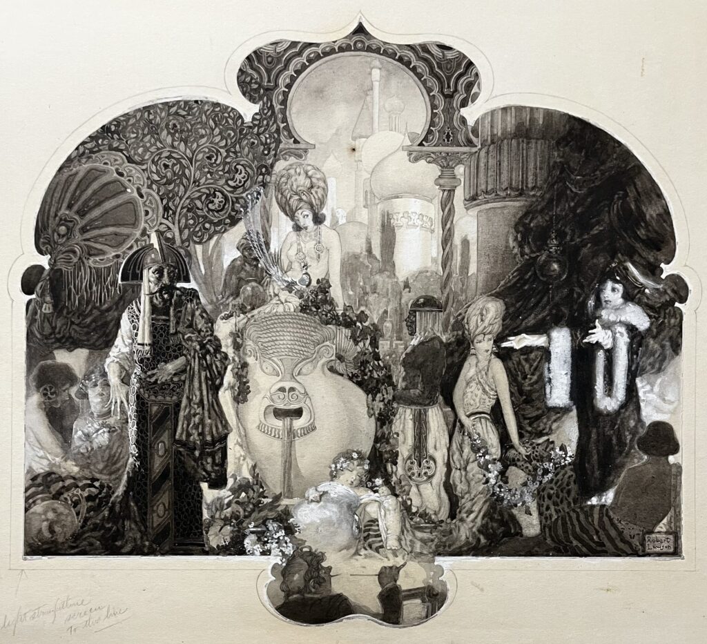 Ornate fantasy scene with elaborate costumes.