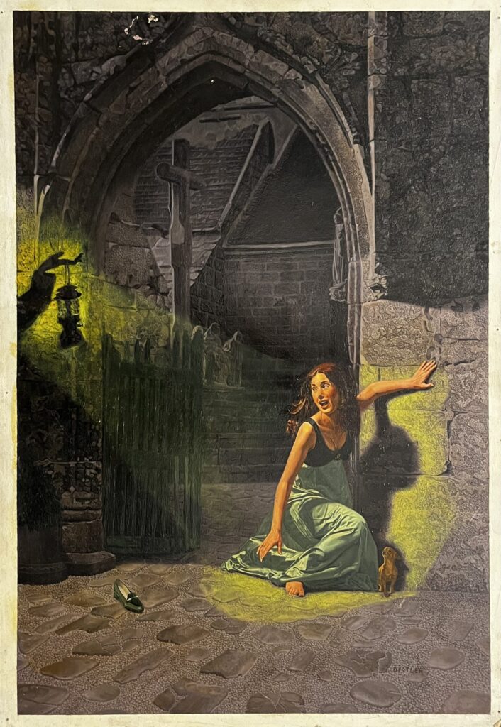 Woman sitting in dimly lit archway.