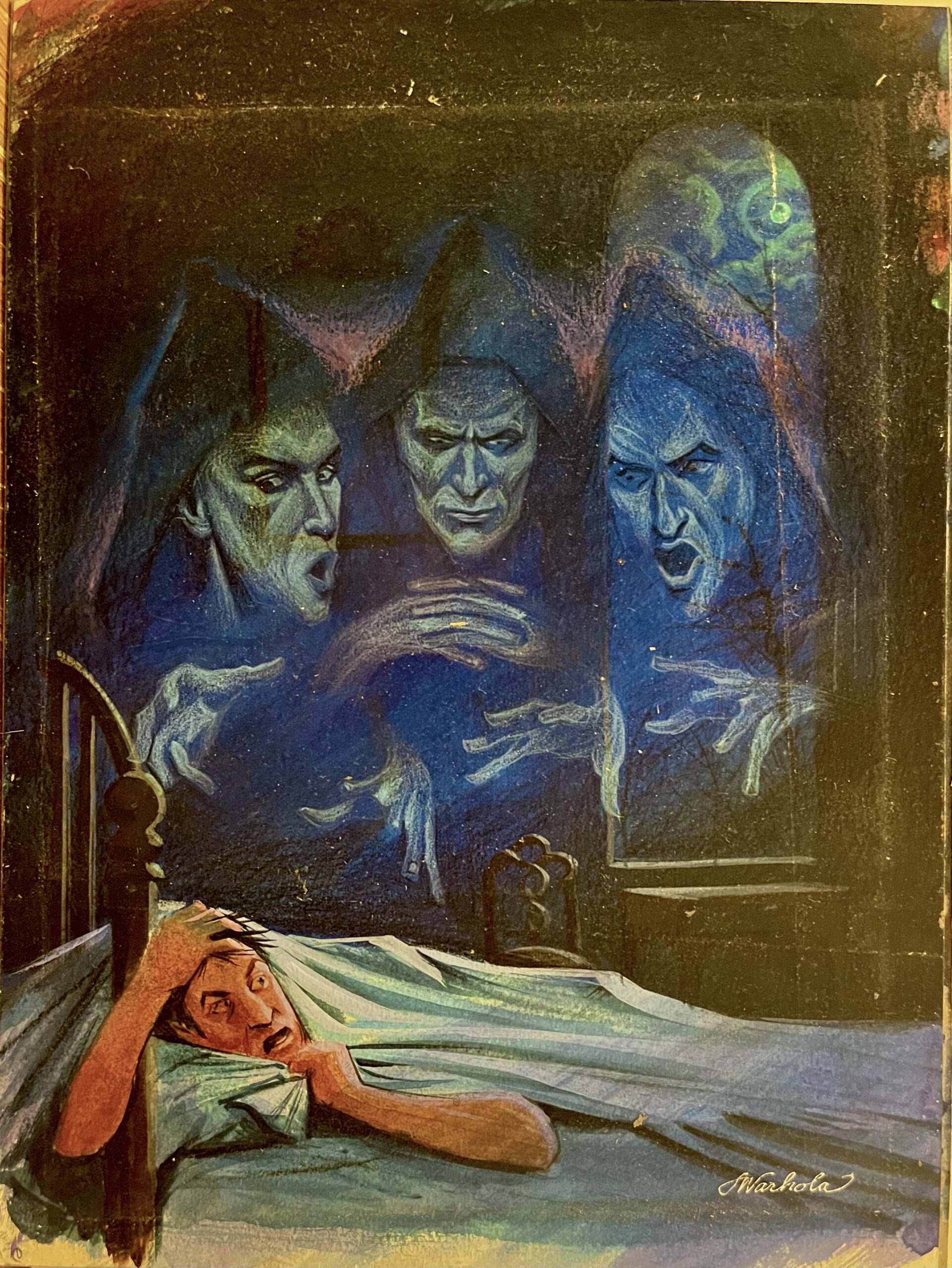 Person in bed haunted by ghostly figures.