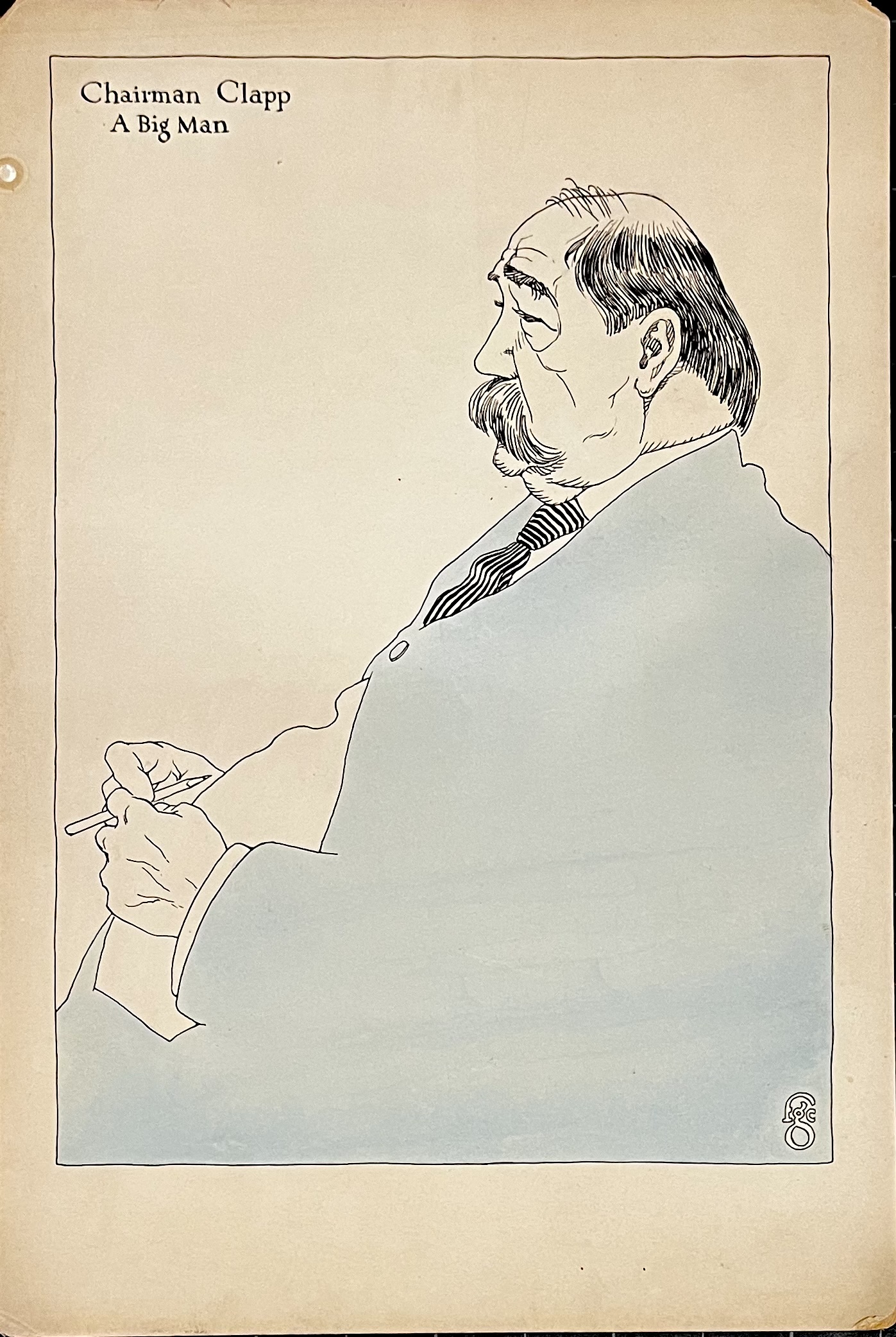 A caricature of a man with a mustache and a large coat, seated and holding a paper.